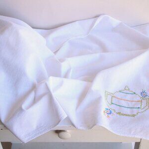 Vintage 1950s Tablecloth Or Kitchen Towel with Cross-stitch Teapot Embroidery